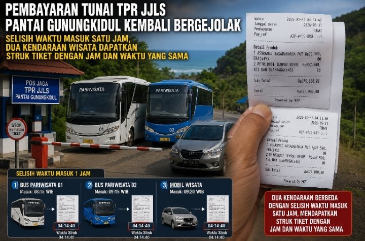 Pembayaran Tunai TPR Pantai Gunungkidul Kembali Bergejolak; Selisih Waktu Masuk Satu Jam, Dua Kendaraan Wisata Dapati Struk Tiket Jam dan Waktu Yang Sama