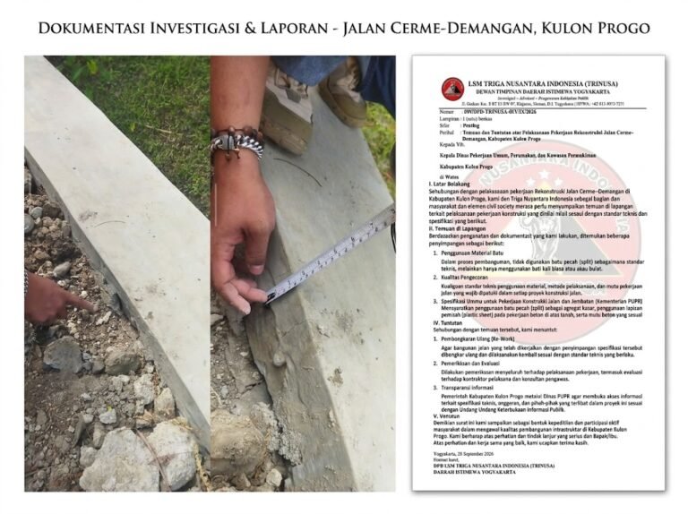 LSM Triga Nusantara Indonesia Soroti Proyek Talut Asal-Asalan, Kontraktor Terancam Sanksi Pidana dan Denda UU Jasa Konstruksi