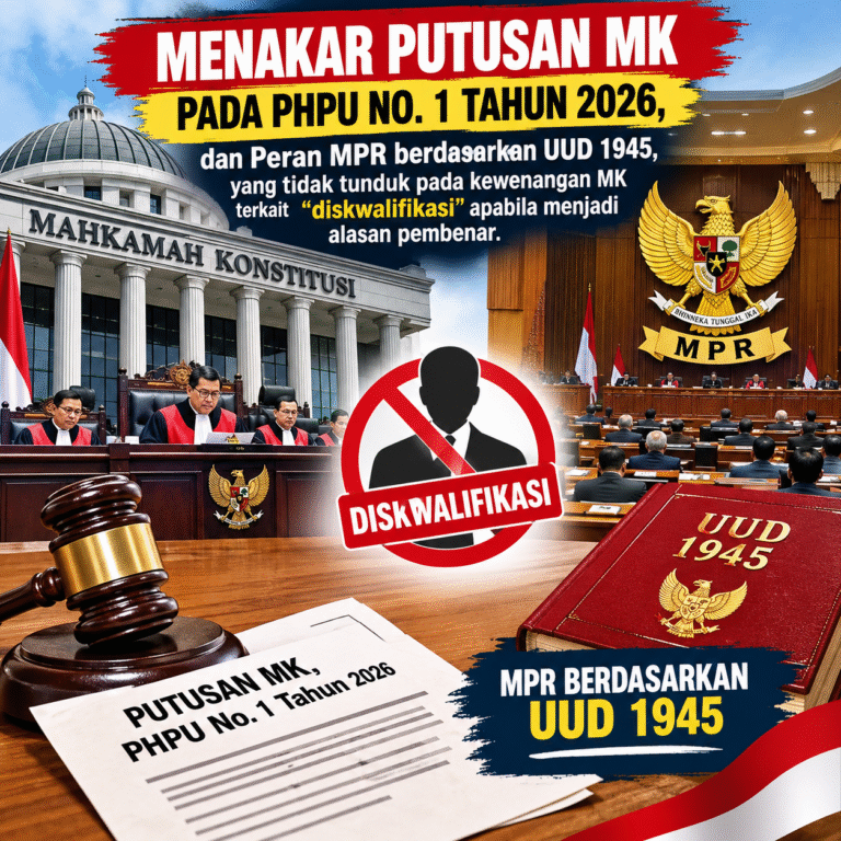 MENAKAR PUTUSAN MK PADA PHPU NO. 1 tahun 2026, dan Peran MPR berdasarkan UUD 1945, yang tidak tunduk pada kewenangan MK terkait “ diskwalifikasi “ apabila menjadi alasan pembenar.